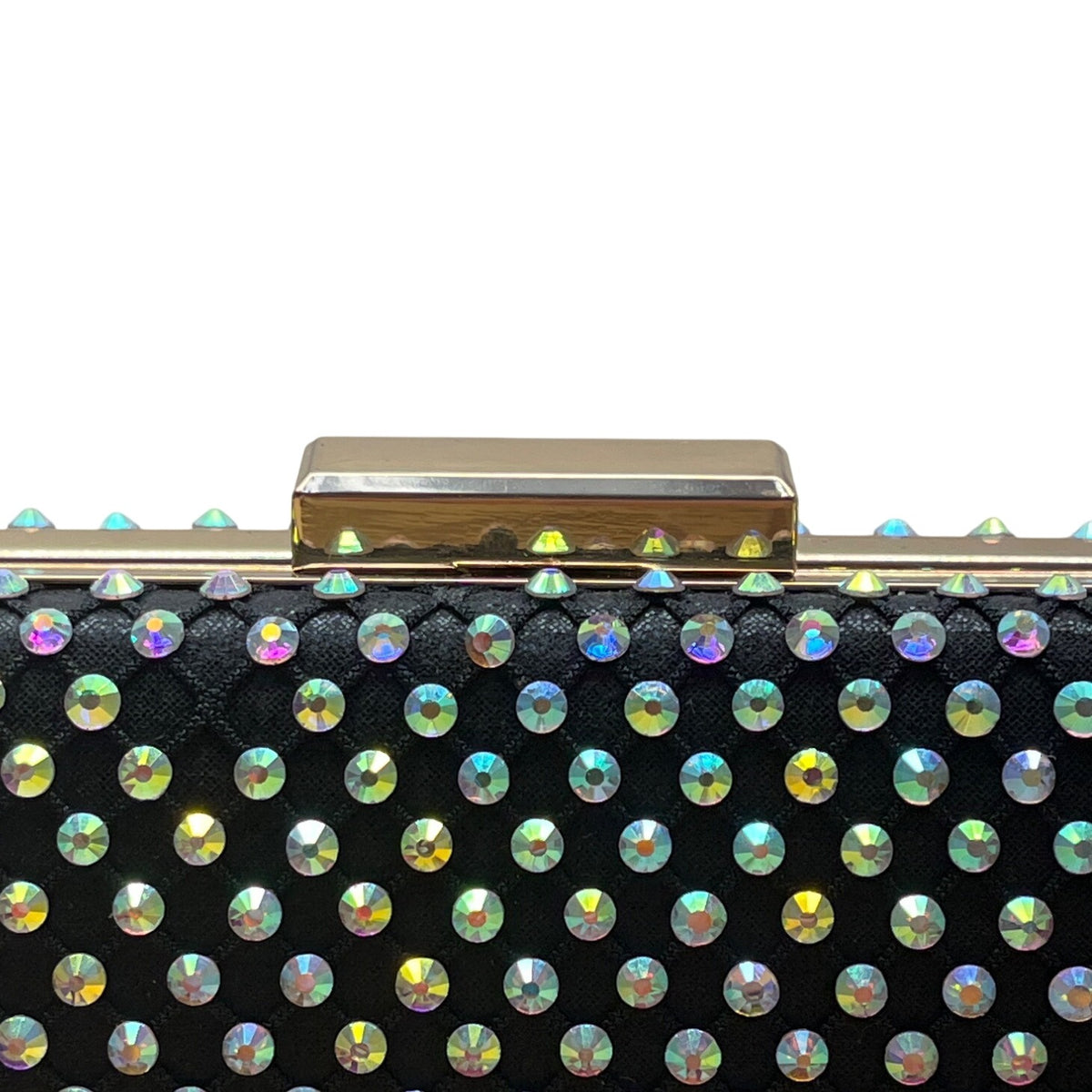 Black Lining Rhinestone Studded Gold Chain Strap Metallic Frame Crossbody Clutch
