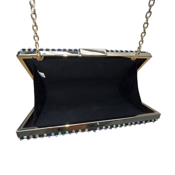 Black Lining Rhinestone Studded Gold Chain Strap Metallic Frame Crossbody Clutch
