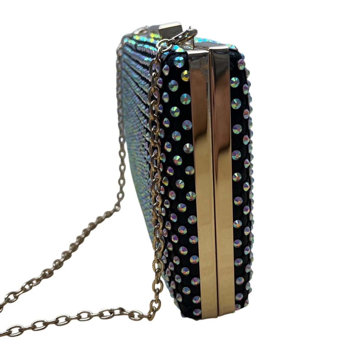 Black Lining Rhinestone Studded Gold Chain Strap Metallic Frame Crossbody Clutch