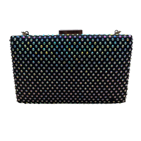 Black Lining Rhinestone Studded Gold Chain Strap Metallic Frame Crossbody Clutch