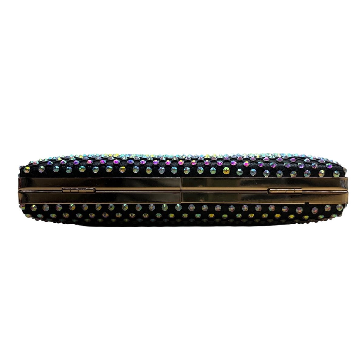 Black Lining Rhinestone Studded Gold Chain Strap Metallic Frame Crossbody Clutch
