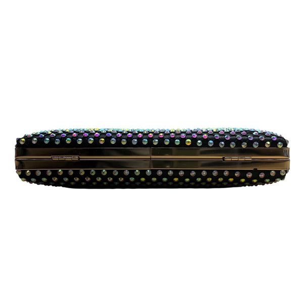 Black Lining Rhinestone Studded Gold Chain Strap Metallic Frame Crossbody Clutch