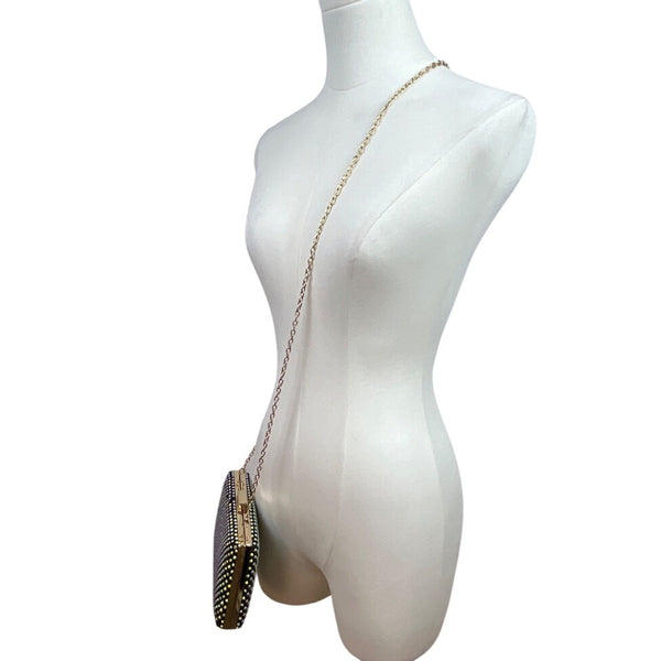 Black Lining Rhinestone Studded Gold Chain Strap Metallic Frame Crossbody Clutch