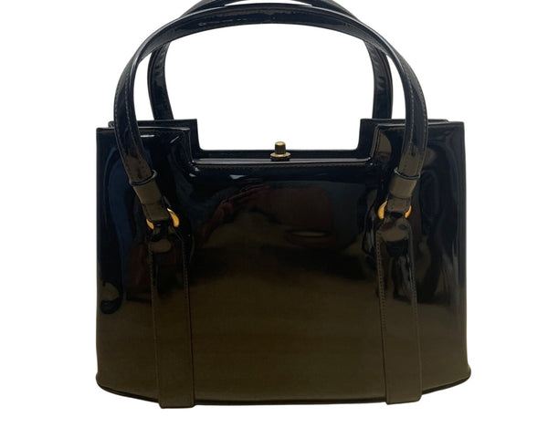 Vintage Lewis Black Patent Leather Handbag Gold Accents & Double Handles Sz S