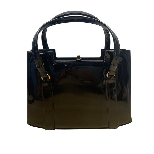 Vintage Lewis Black Patent Leather Handbag Gold Accents & Double Handles Sz S