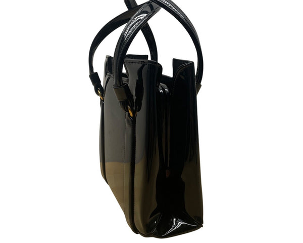 Vintage Lewis Black Patent Leather Handbag Gold Accents & Double Handles Sz S