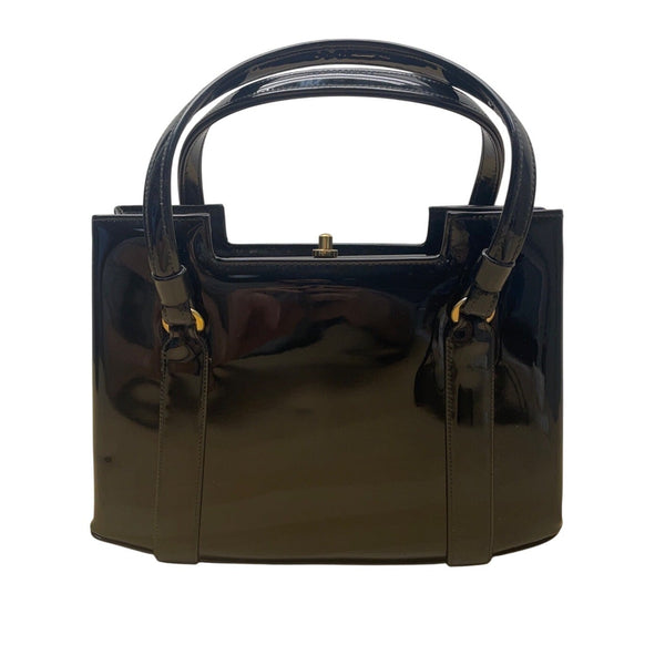 Vintage Lewis Black Patent Leather Handbag Gold Accents & Double Handles Sz S