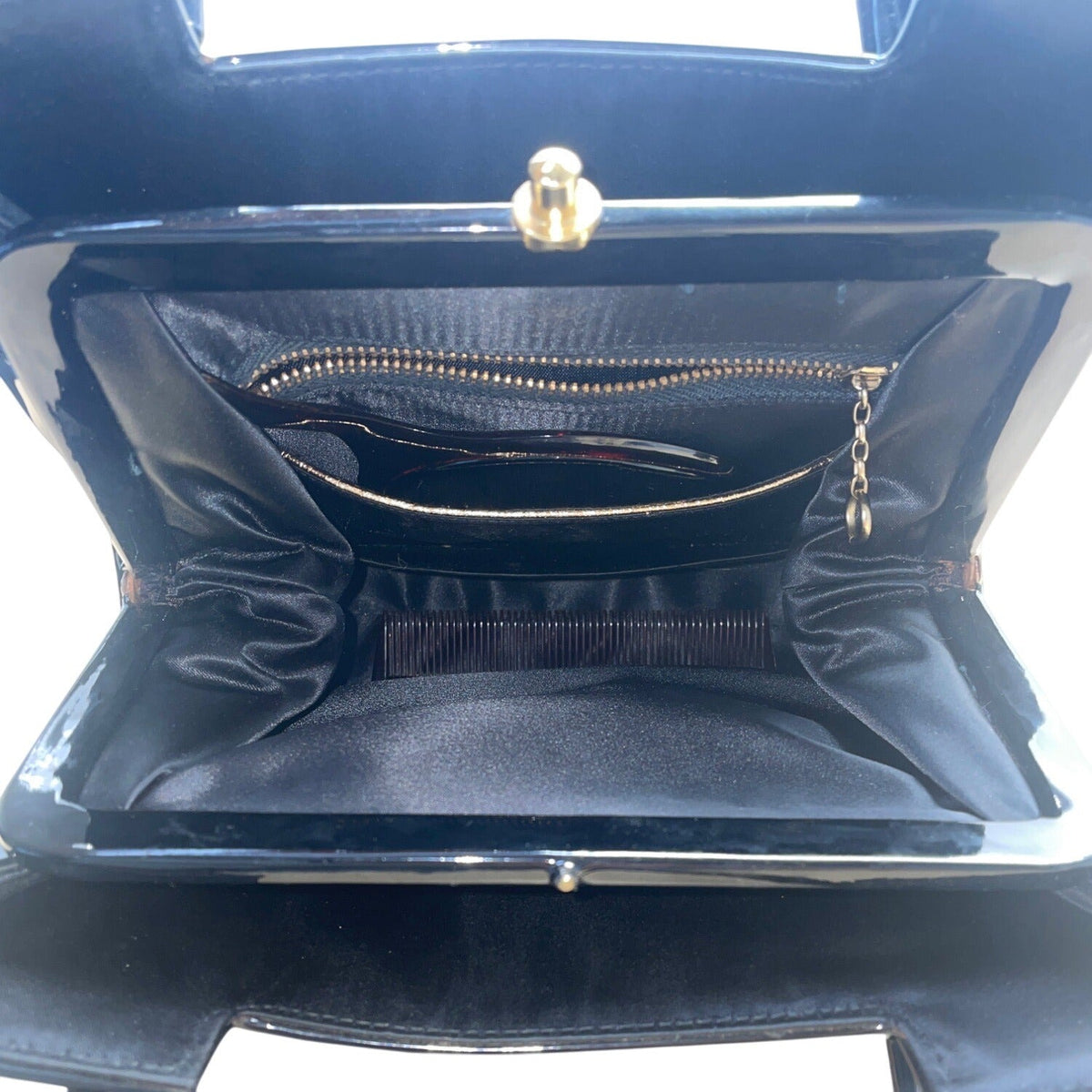 Vintage Lewis Black Patent Leather Handbag Gold Accents & Double Handles Sz S