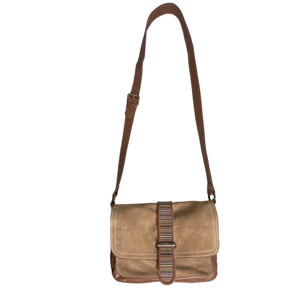 Lerac Brown Suede Leather Bronze Metal Messenger Crosbody Bag Sz M - EUC