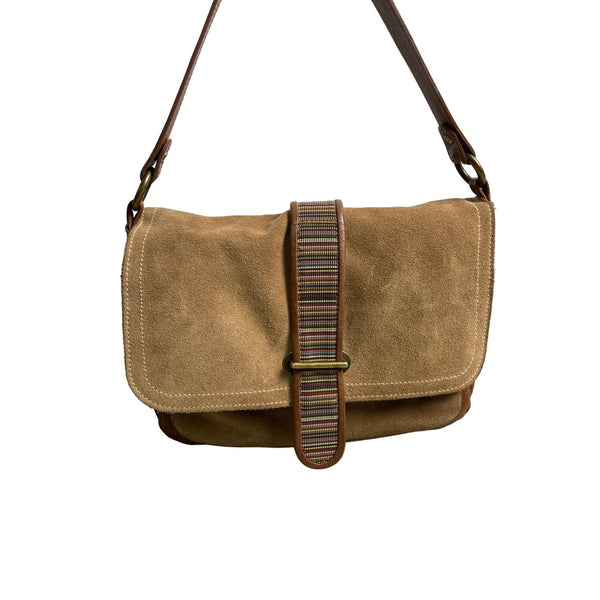 Lerac Brown Suede Leather Bronze Metal Messenger Crosbody Bag Sz M - EUC