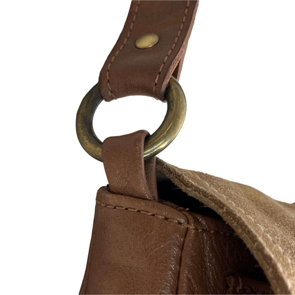 Lerac Brown Suede Leather Bronze Metal Messenger Crosbody Bag Sz M - EUC