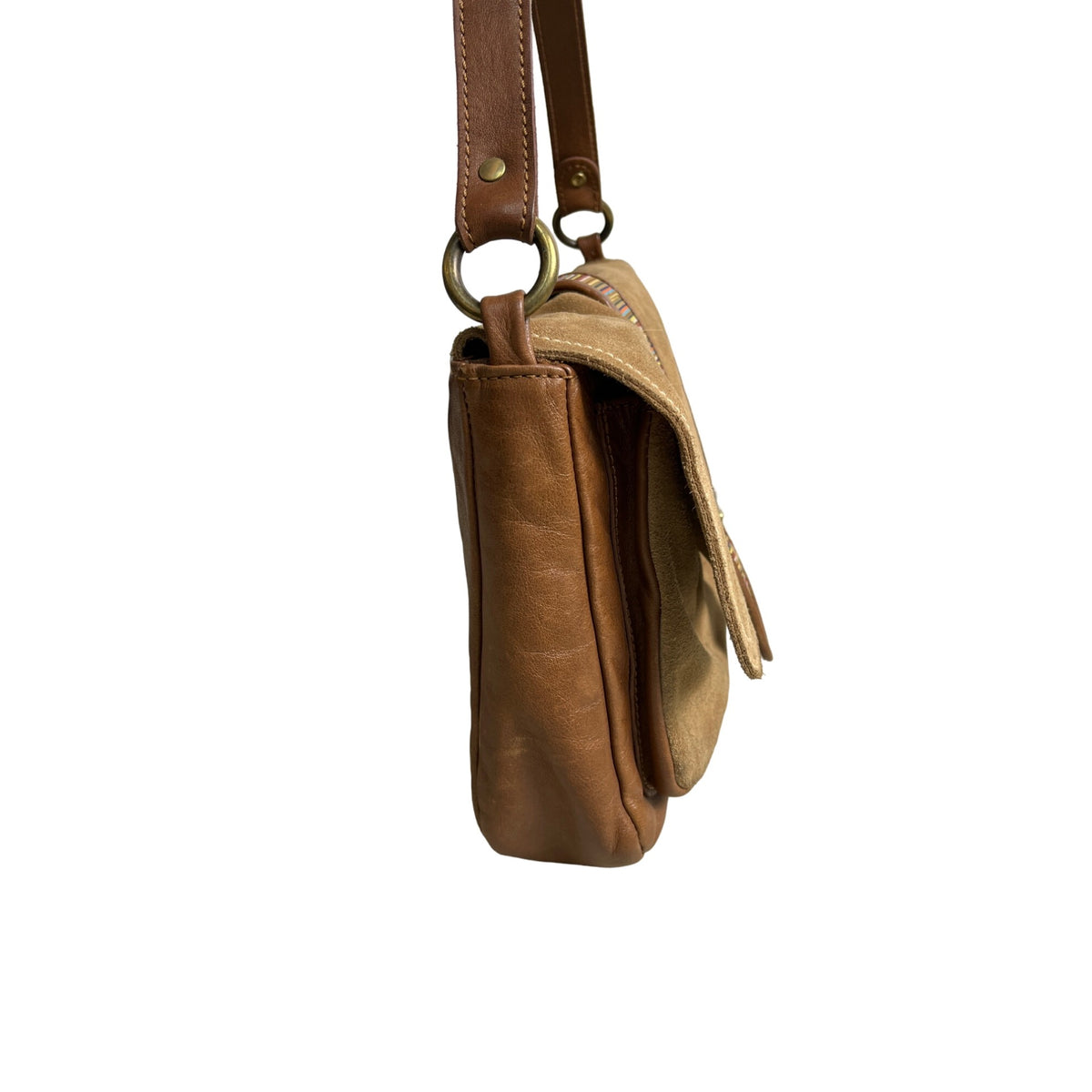 Lerac Brown Suede Leather Bronze Metal Messenger Crosbody Bag Sz M - EUC