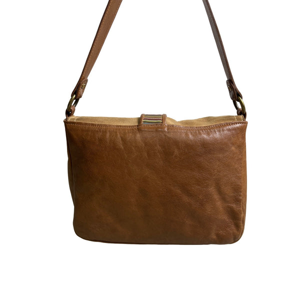 Lerac Brown Suede Leather Bronze Metal Messenger Crosbody Bag Sz M - EUC