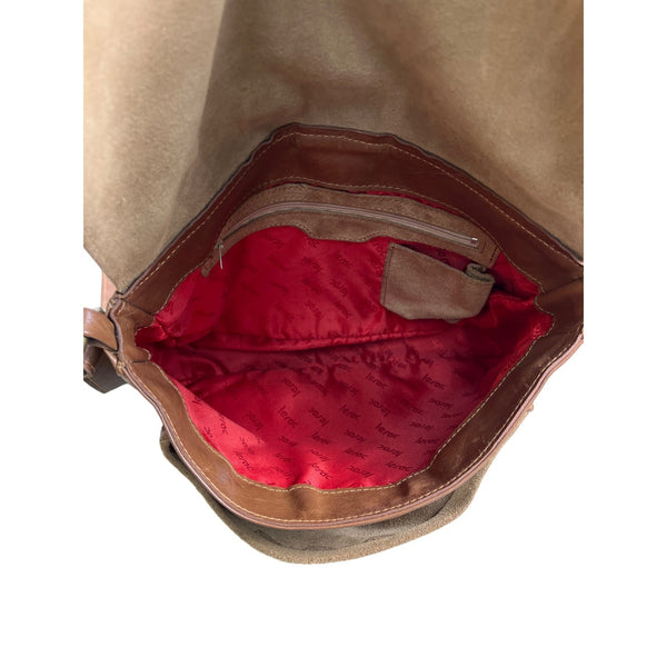 Lerac Brown Suede Leather Bronze Metal Messenger Crosbody Bag Sz M - EUC