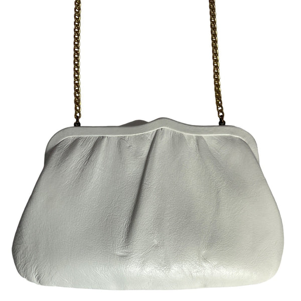 Vintage 60's Unbranded Women's White Leather Chain Strap Hinged Evening Clutch Sz S