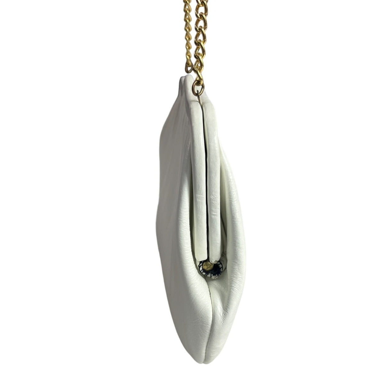 Vintage 60's Unbranded Women's White Leather Chain Strap Hinged Evening Clutch Sz S