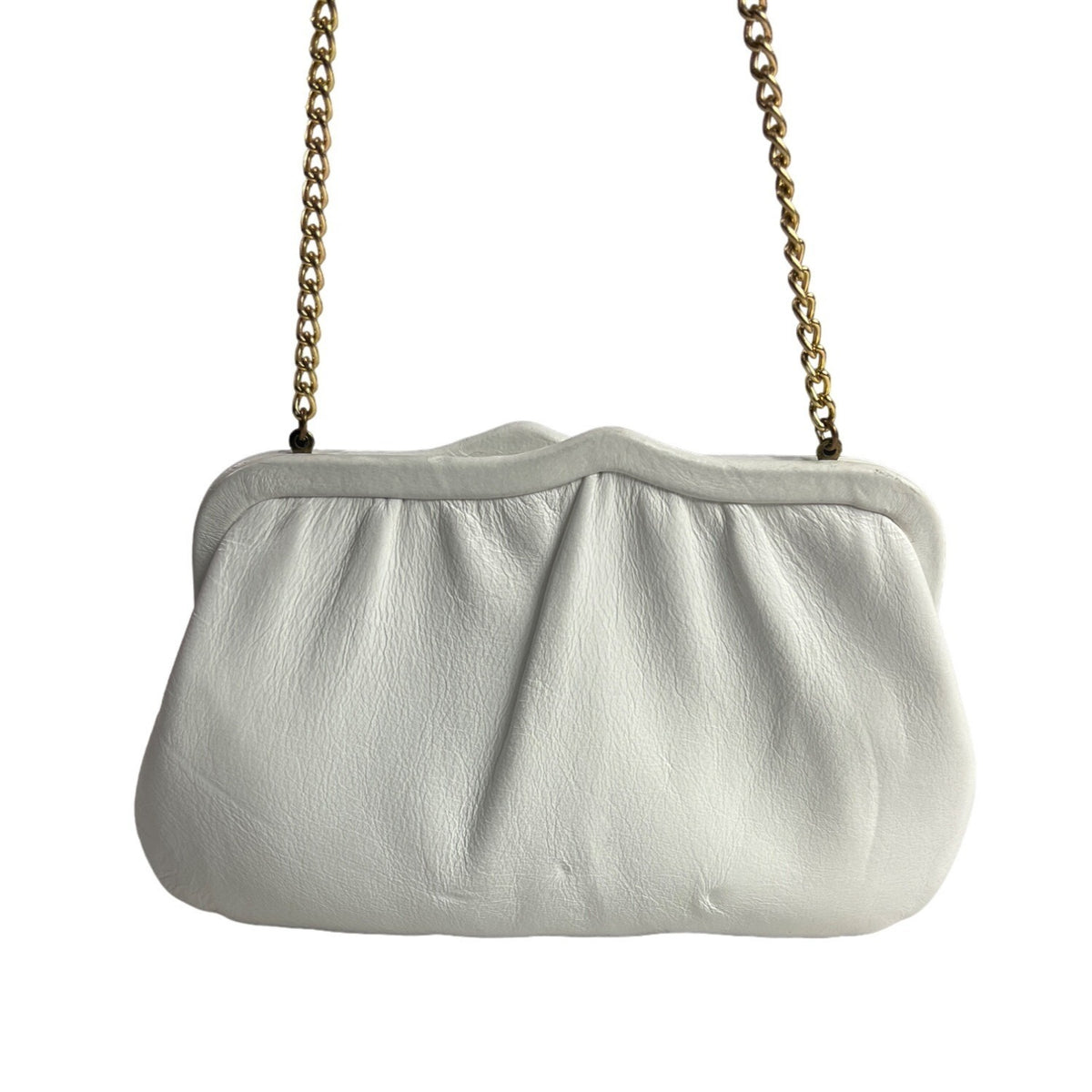 Vintage 60's Unbranded Women's White Leather Chain Strap Hinged Evening Clutch Sz S