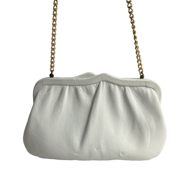 Vintage 60's Unbranded Women's White Leather Chain Strap Hinged Evening Clutch Sz S