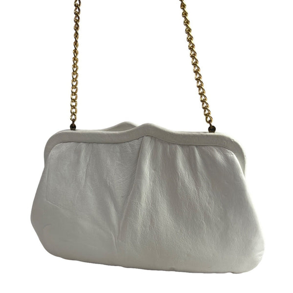 Vintage 60's Unbranded Women's White Leather Chain Strap Hinged Evening Clutch Sz S