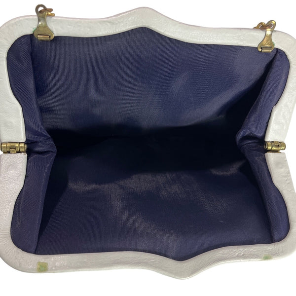 Vintage 60's Unbranded Women's White Leather Chain Strap Hinged Evening Clutch Sz S