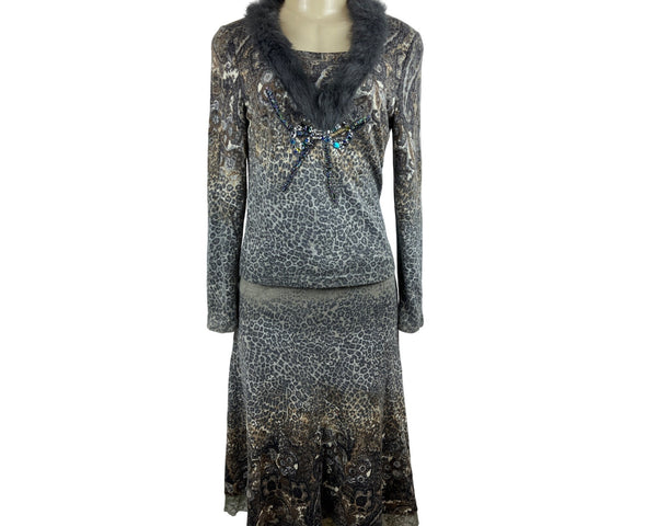 Passion Women Beaded Leopard Print Shirt and Skirt Set With Faux Fur Collar Sz L