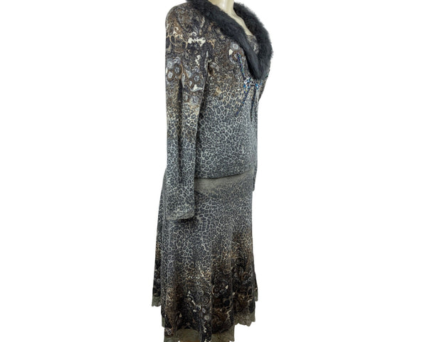 Passion Women Beaded Leopard Print Shirt and Skirt Set With Faux Fur Collar Sz L