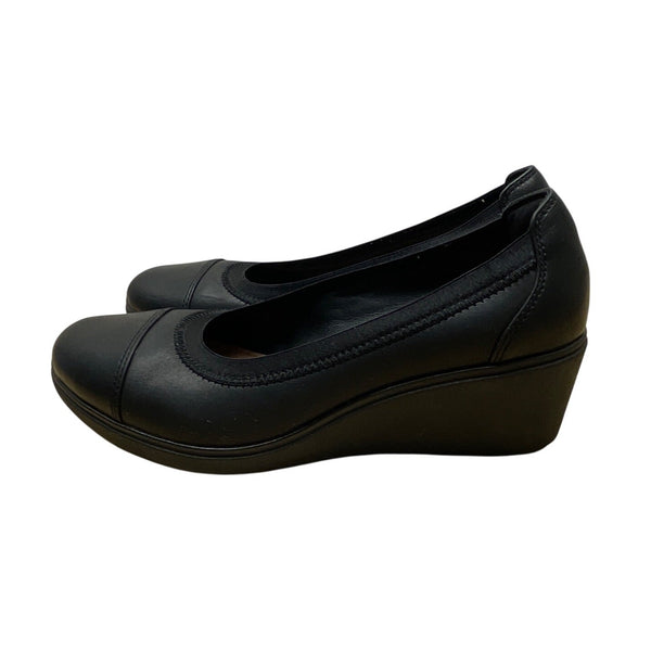 Clarks Unstructured Womens Black Leather Slip-On Wedge Shoes Size 5M