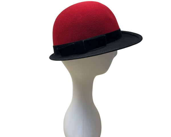 Vintage Dofan Red & Black Felt Wool Bowler Hat - 22in Circumferemnce