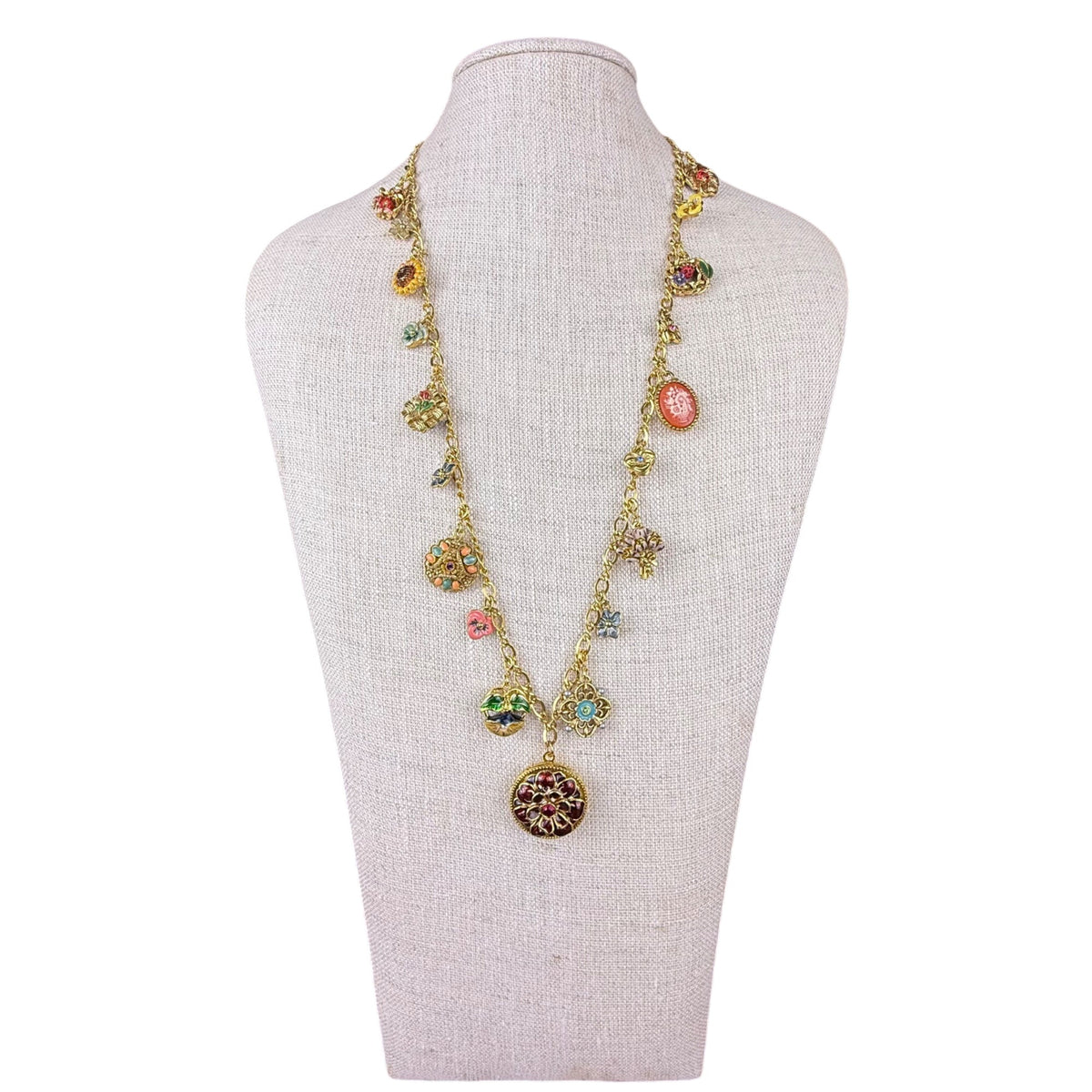Joan Rivers Gold Tone Victorian Style Locket Flower Charm Necklace 30 Inches Long