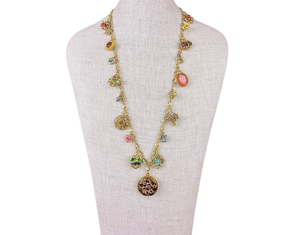 Joan Rivers Gold Tone Victorian Style Locket Flower Charm Necklace 30 Inches Long
