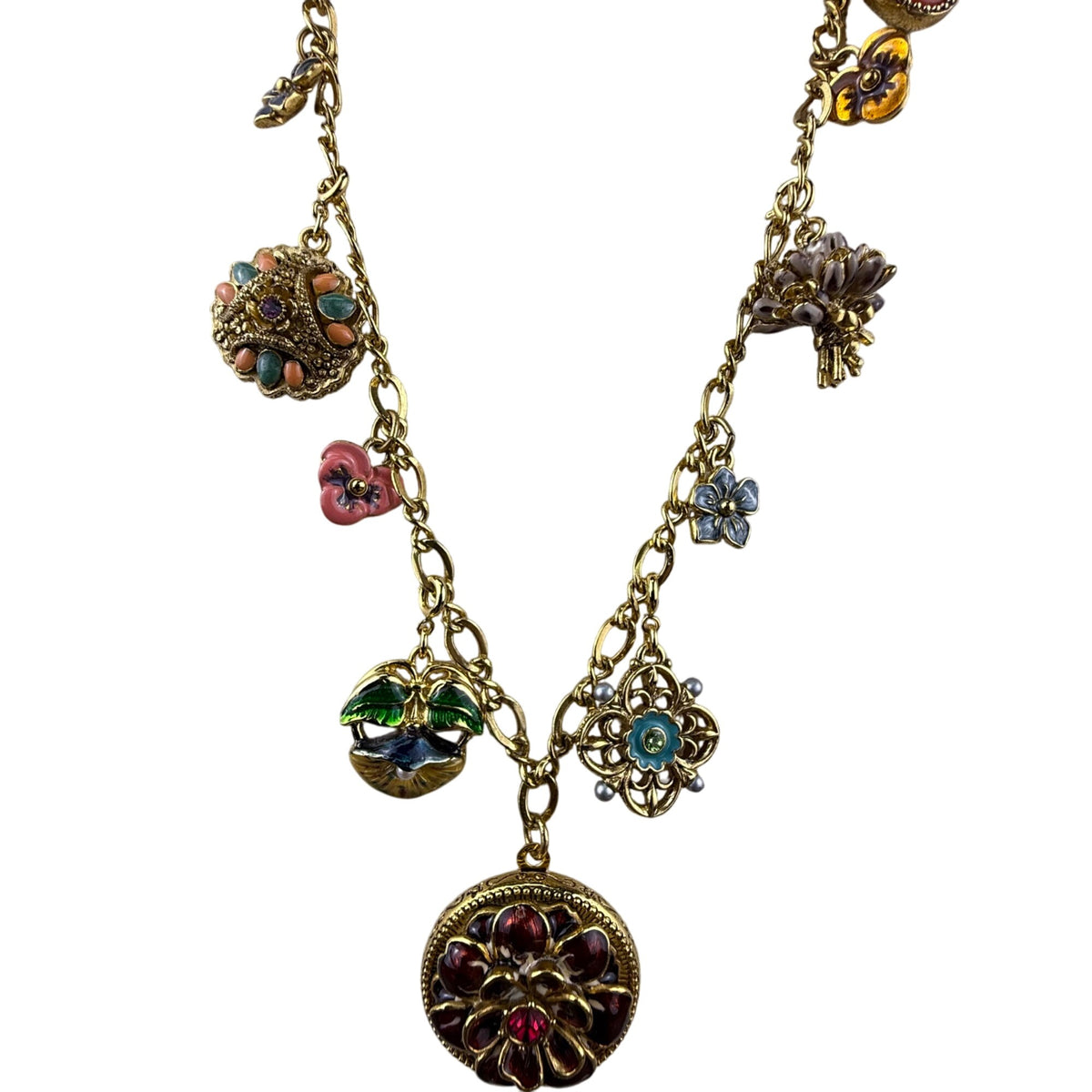 Joan Rivers Gold Tone Victorian Style Locket Flower Charm Necklace 30 Inches Long