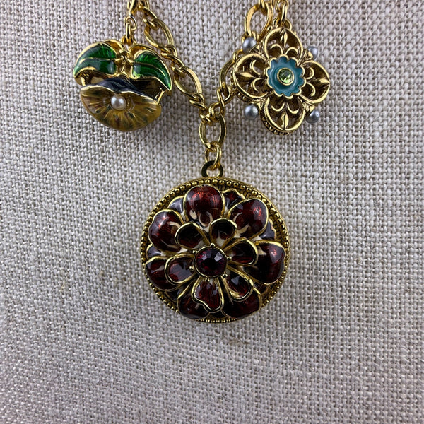 Joan Rivers Gold Tone Victorian Style Locket Flower Charm Necklace 30 Inches Long