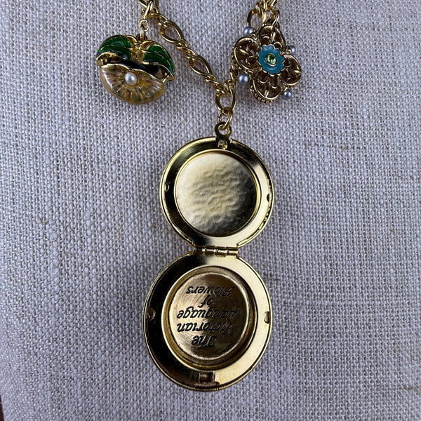 Joan Rivers Gold Tone Victorian Style Locket Flower Charm Necklace 30 Inches Long