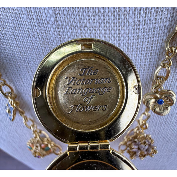 Joan Rivers Gold Tone Victorian Style Locket Flower Charm Necklace 30 Inches Long