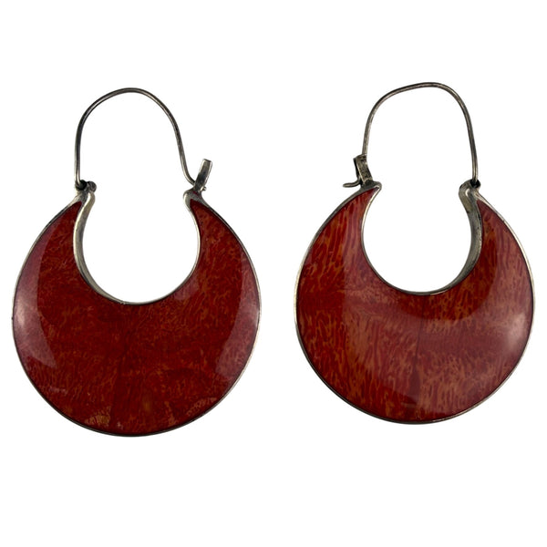 Sterling Silver Womens Red Crescent Enamel Hoop Earrings Vintage Style