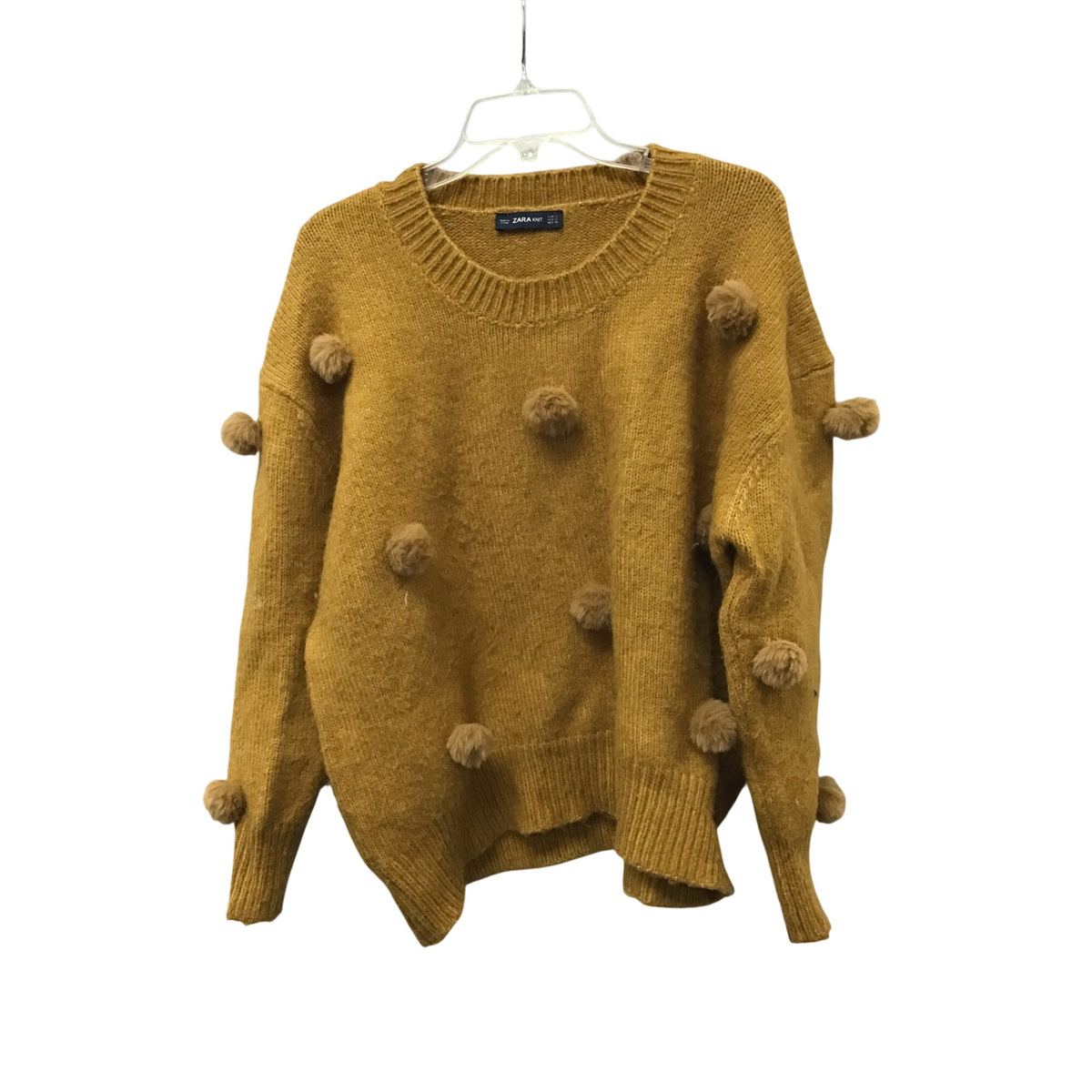 Zara Women Mustard Yellow Knit Sweater Pom Pom Embellished Long Sleeve Small