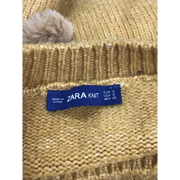 Zara Women Mustard Yellow Knit Sweater Pom Pom Embellished Long Sleeve Small