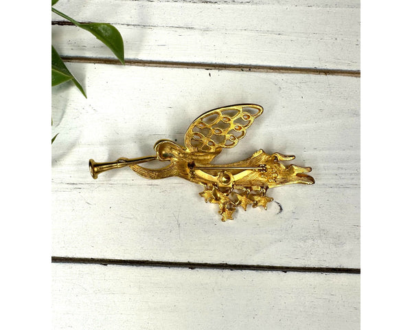 Signed Gold Crown Inc Gold Tone Angel Christmas Brooch Pin