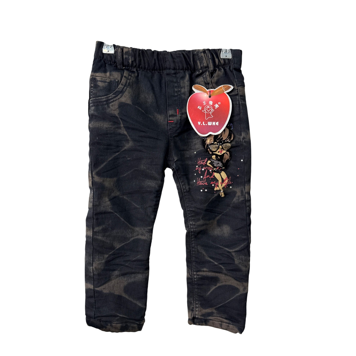 Y.L.WKE Kids Black Denim Winter Pants With Fleece Lining Embroidered Hearts Size 11