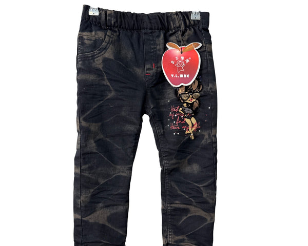 Y.L.WKE Kids Black Denim Winter Pants With Fleece Lining Embroidered Hearts Size 11