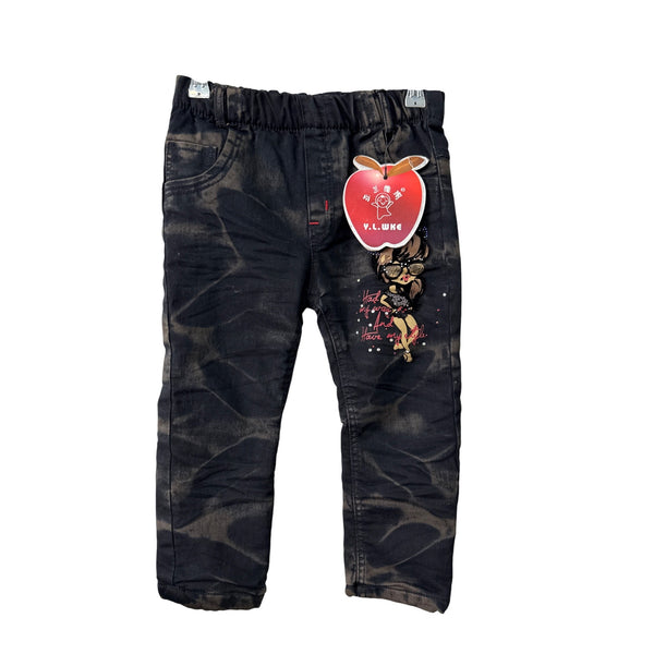 Y.L.WKE Kids Black Denim Winter Pants With Fleece Lining Embroidered Hearts Size 11