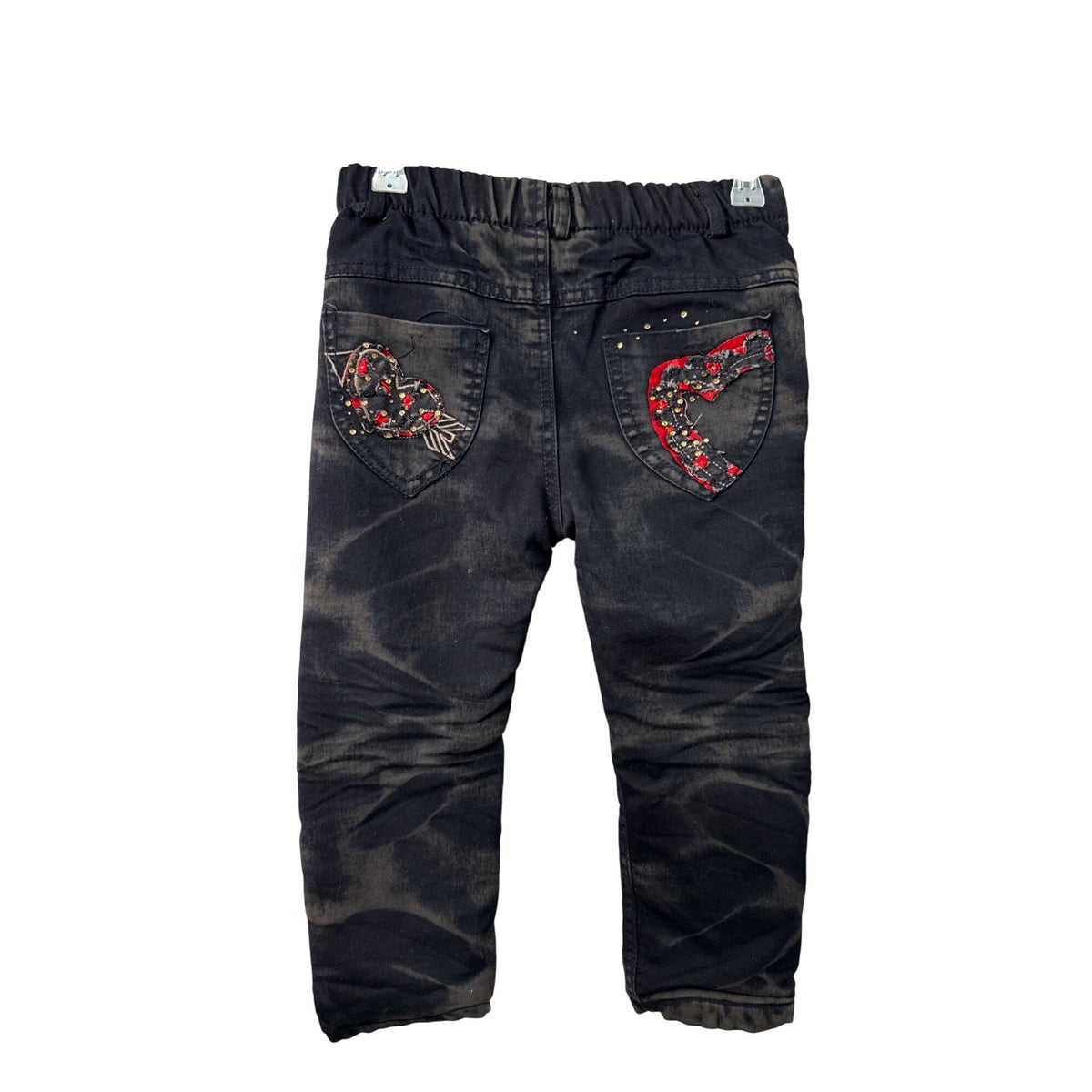 Y.L.WKE Kids Black Denim Winter Pants With Fleece Lining Embroidered Hearts Size 11