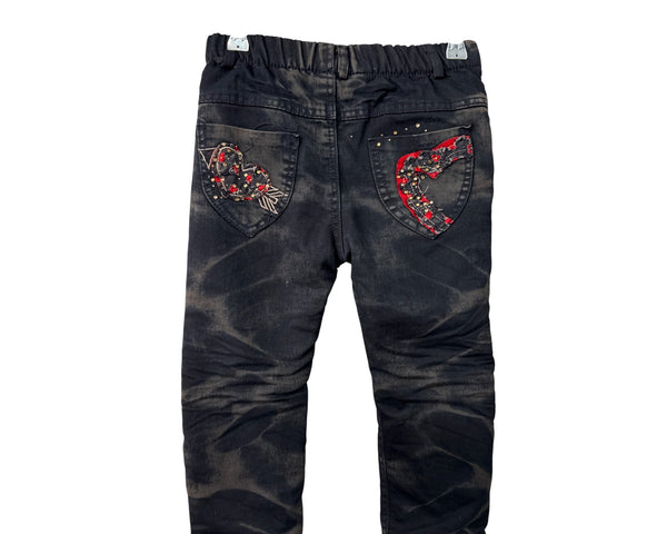 Y.L.WKE Kids Black Denim Winter Pants With Fleece Lining Embroidered Hearts Size 11