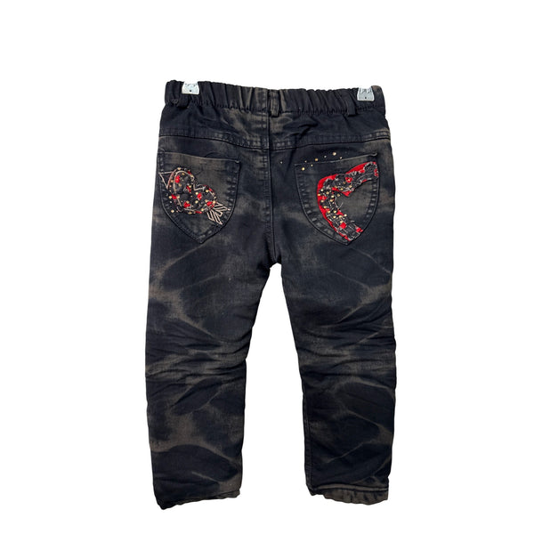 Y.L.WKE Kids Black Denim Winter Pants With Fleece Lining Embroidered Hearts Size 11