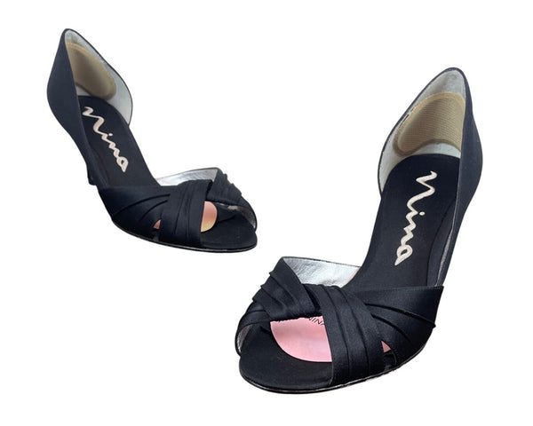 Nina New York Black Culver Peep-Toe Kitten Slip-On Heel Sz- 9M