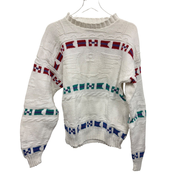 Signal Collection Mens White Cotton Nautical Knit Sweater Large Flag Pattern USA-Made