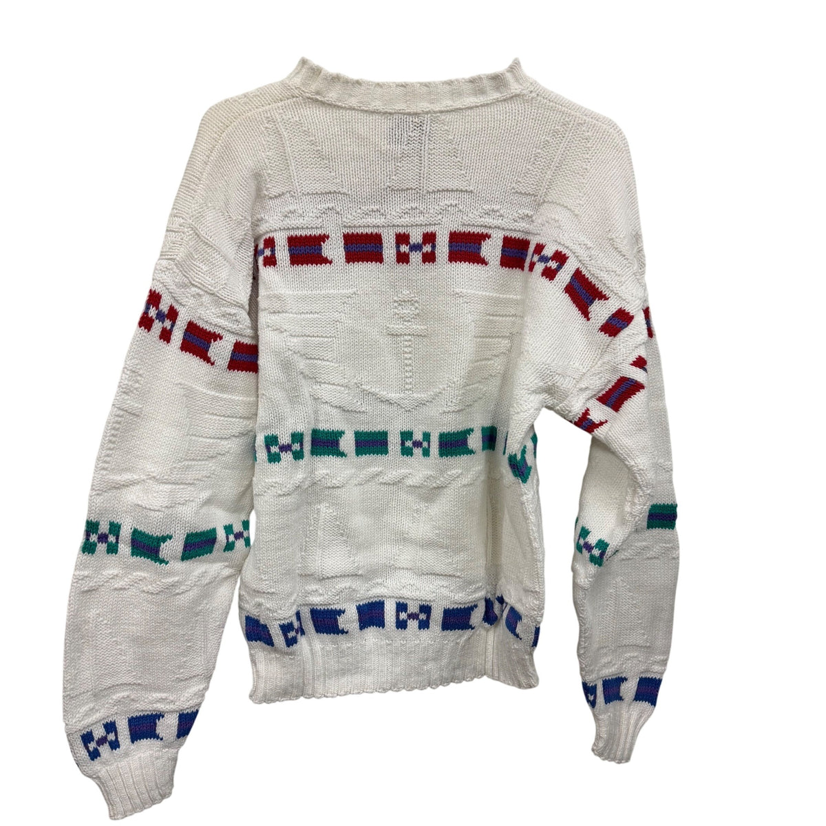 Signal Collection Mens White Cotton Nautical Knit Sweater Large Flag Pattern USA-Made