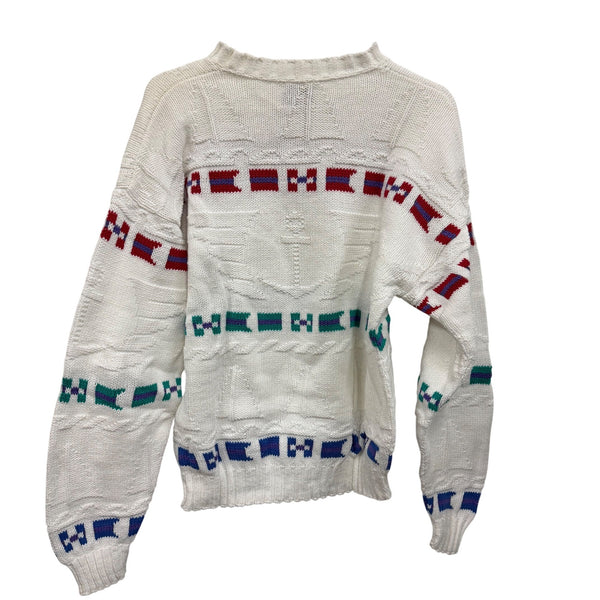 Signal Collection Mens White Cotton Nautical Knit Sweater Large Flag Pattern USA-Made