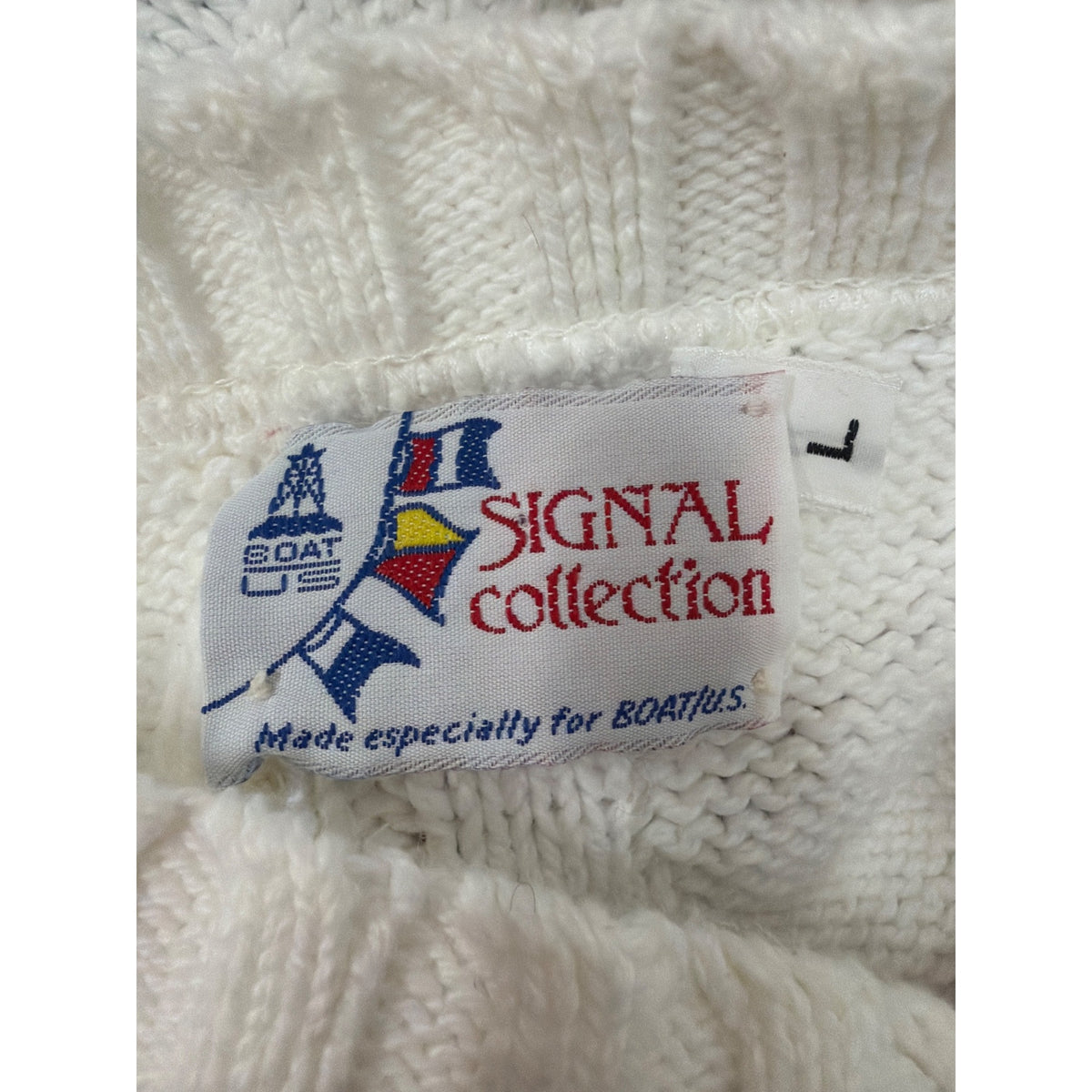 Signal Collection Mens White Cotton Nautical Knit Sweater Large Flag Pattern USA-Made