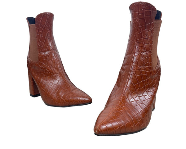 Unbranded Women's Orange Croc Skin Style Block Heel Pointed Toe Ankle Boots Sz 39